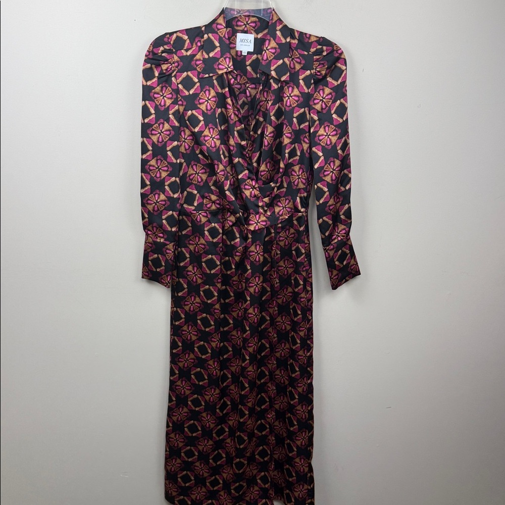 Misa Los Angeles X Anthropologie silky long sleeve abstract print Maxi with slit - Picture 11 of 11